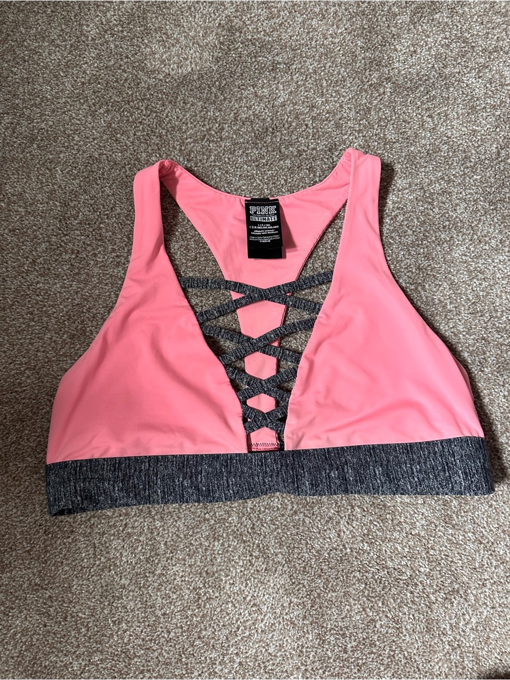 PINK Victoria's Secret Pink Coral Sports Bralette with Heathered Gray Band